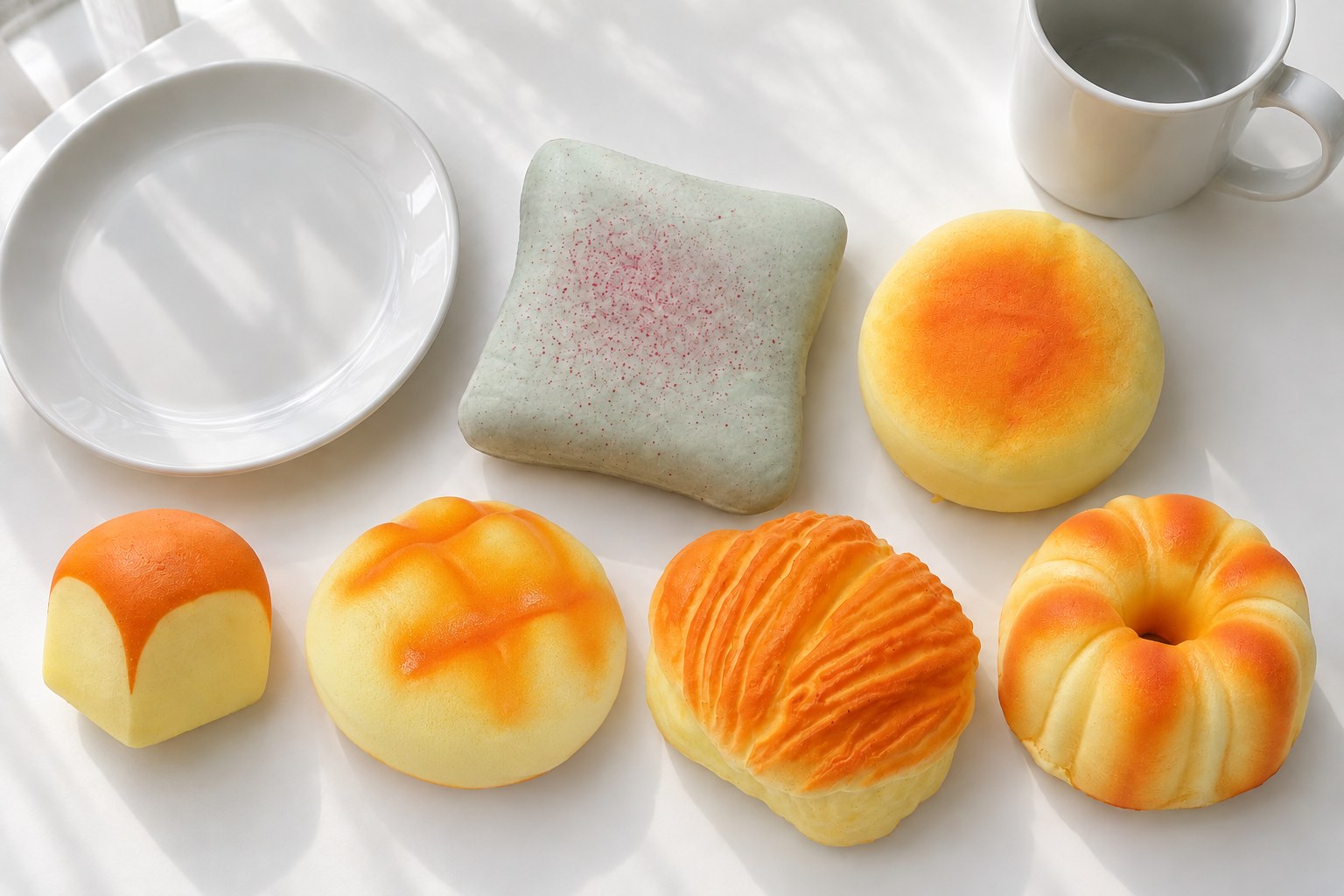 Breakfast table from above with bread squishies: toast cube, thick toast, round bun, pineapple bun, flaky pastry and canelé