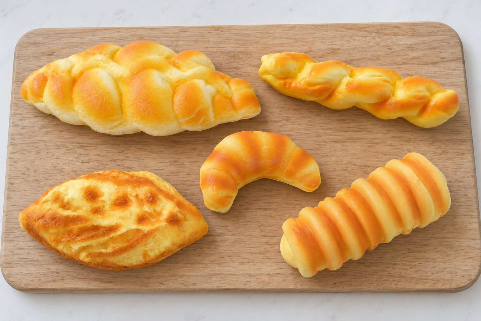Long bread squishies on a wooden bread board seen from above: braided loaf, twisted stick, flatbread, caterpillar roll and croissant