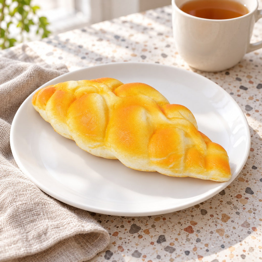 Braided bread squishy slow rising, on a plate on a breakfast table
