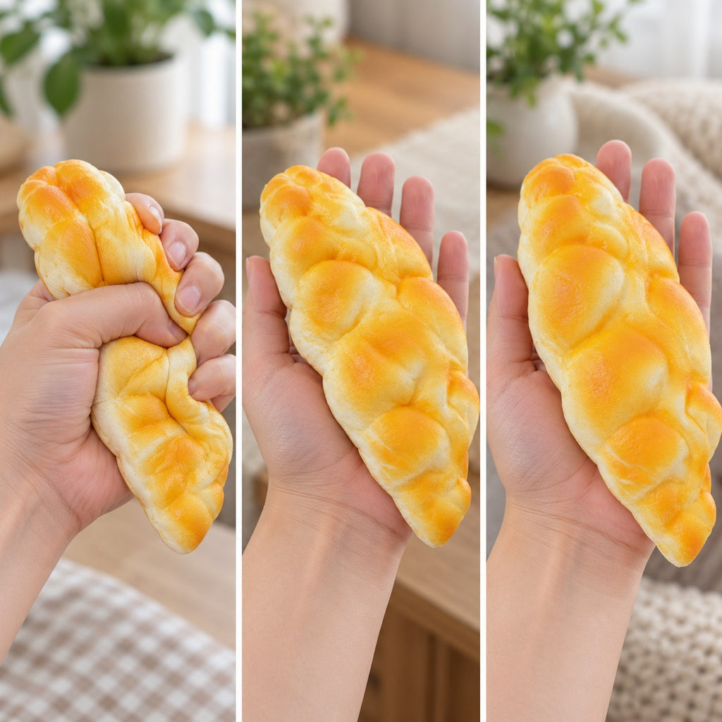 Braided bread squishy slow rising, squished flat, half risen and fully back in shape