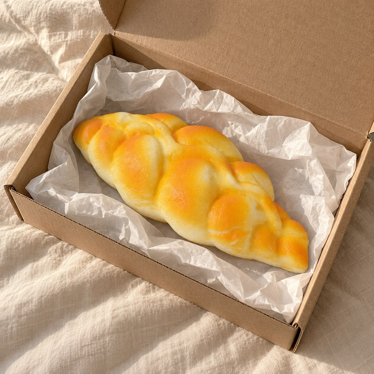 Braided bread squishy slow rising, unboxed from a parcel with tissue paper