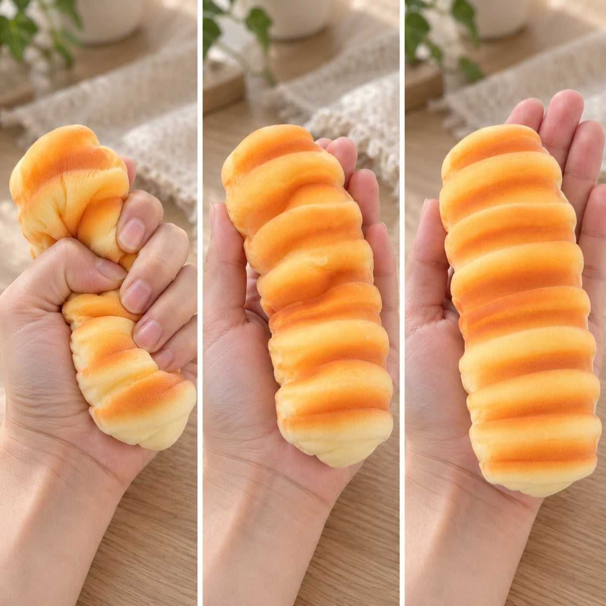Caterpillar bread squishy slow rising (15 cm), squished flat, half risen and fully back in shape