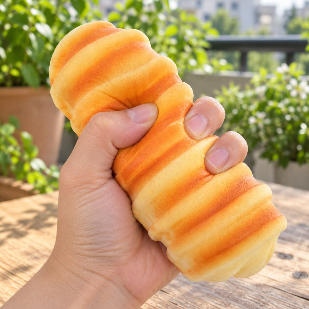Caterpillar bread squishy slow rising (15 cm), being squeezed by hand, soft and squishy