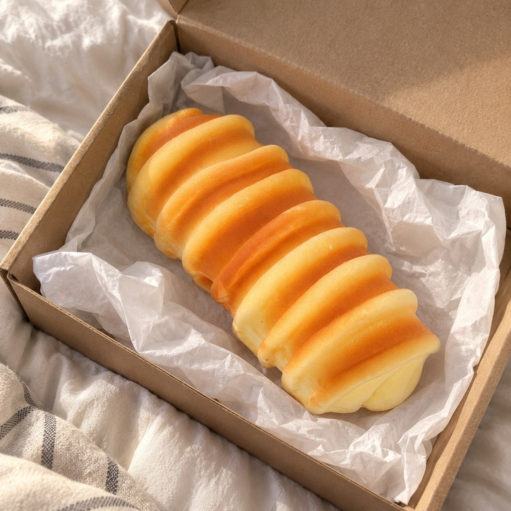 Caterpillar bread squishy (15 cm), unboxed from a parcel with tissue paper