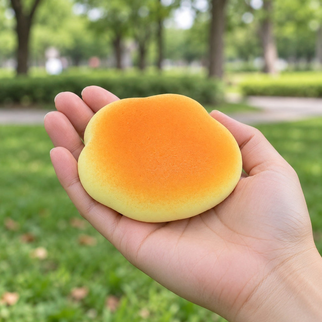 Cloud bun squishy, held in a hand to show the real size