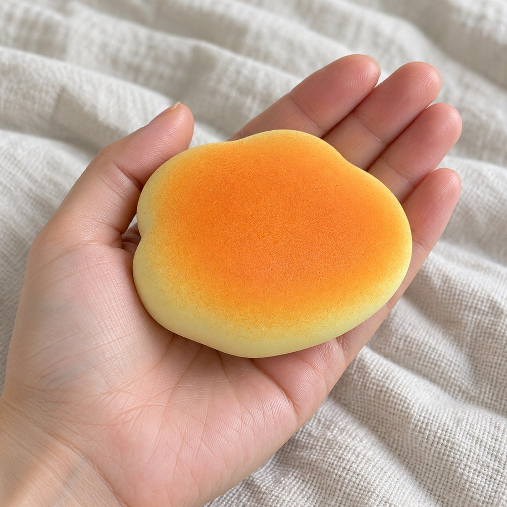 Bun squishy soft, held toward the camera, first-person view