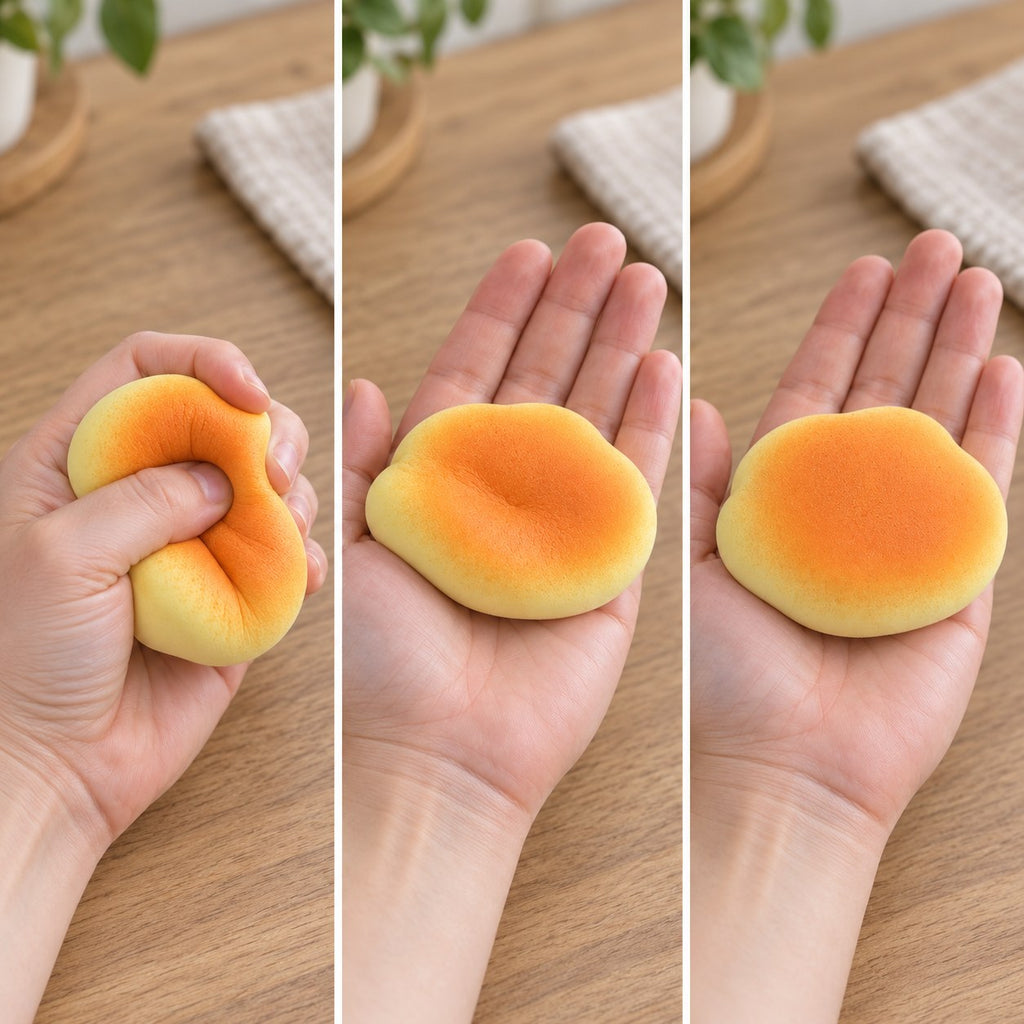 Bun squishy slow rising, squished flat, half risen and fully back in shape