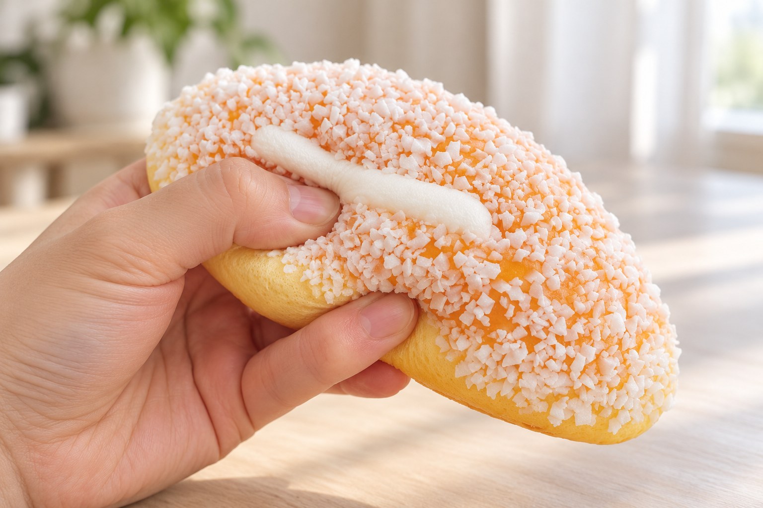 Hand squeezing a coconut cream bun squishy with white flakes