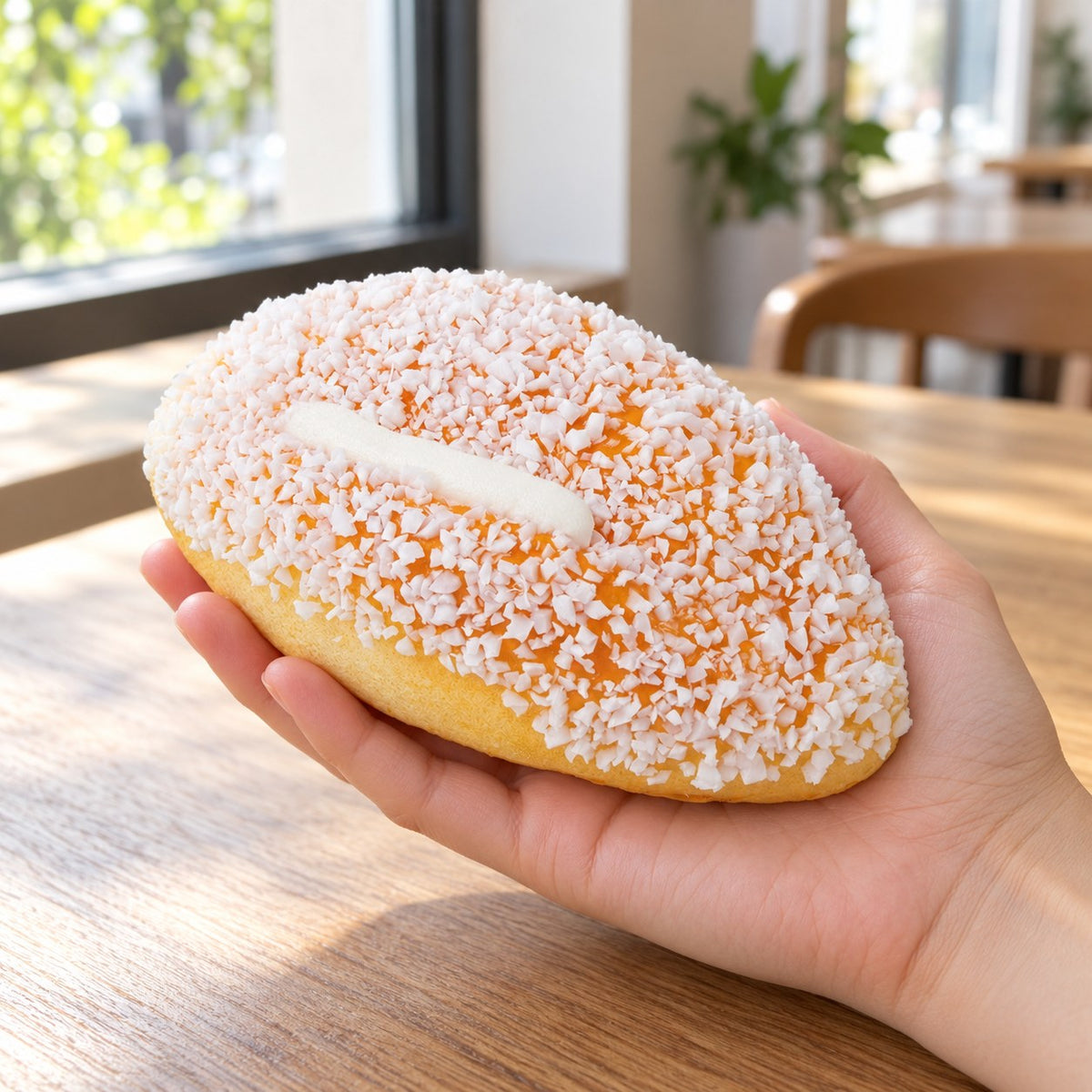 Coconut Cream Bun Squishy, 12 or 18 cm (12 cm), held in a hand to show the real size