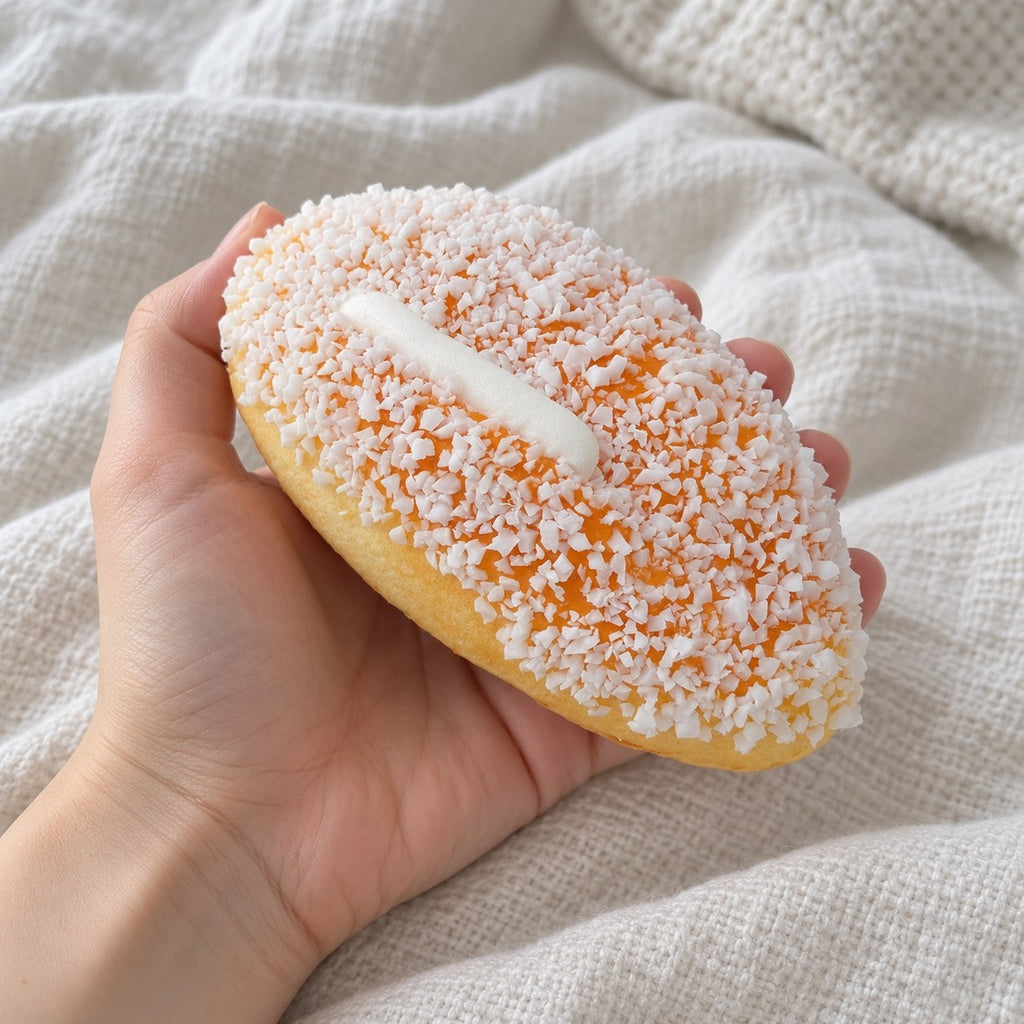 Coconut cream bun squishy (12 cm), held toward the camera, first-person view