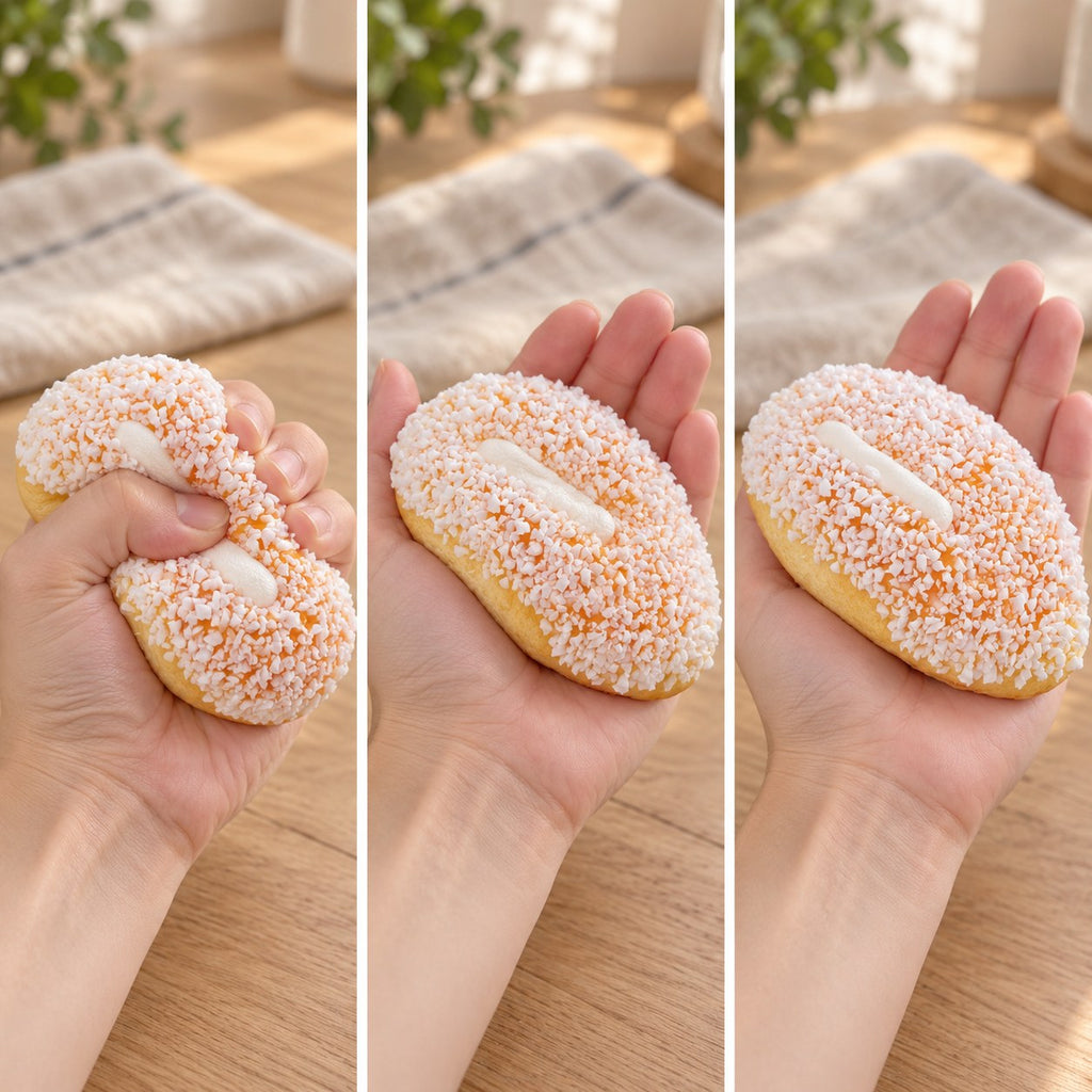 Bun squishy jumbo (12 cm), squished flat, half risen and fully back in shape