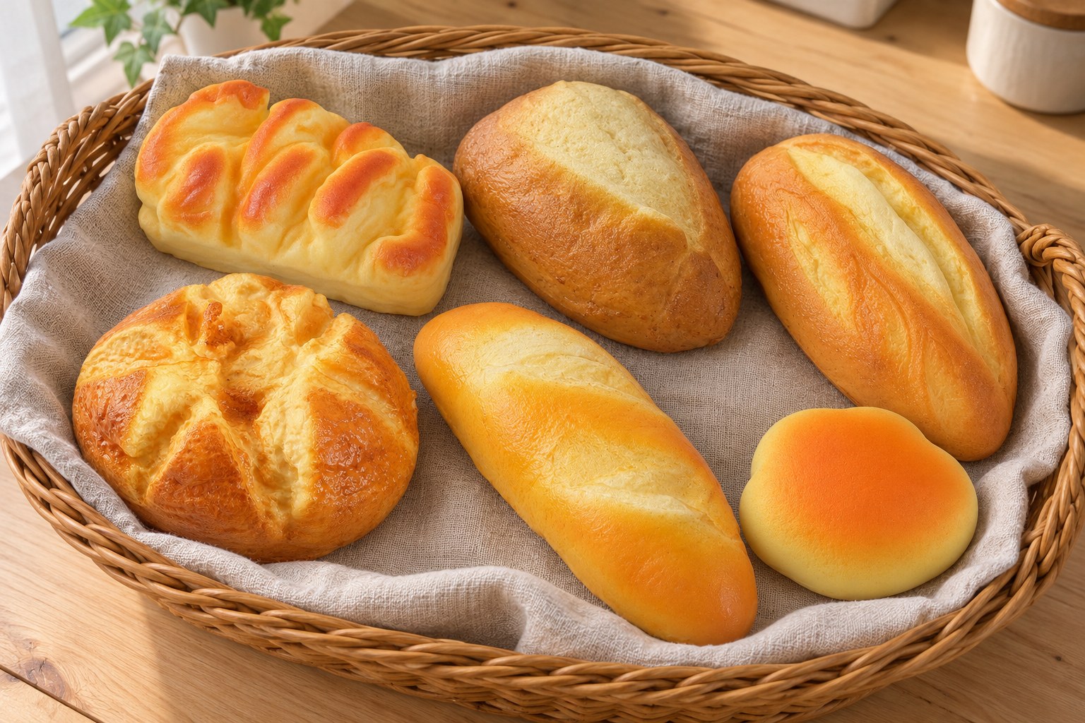 Six bread squishies in a wicker basket with a linen cloth: brioche, country loaf, oat loaf, round loaf, dinner roll and cloud bun