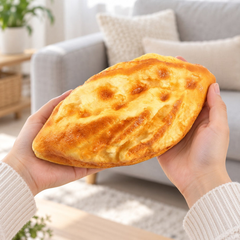 Diamond Bread Squishy, Flat Loaf 20 cm, held in both hands to show the big size