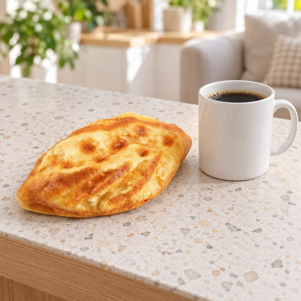 Flatbread squishy slow rising, next to a coffee mug for size comparison