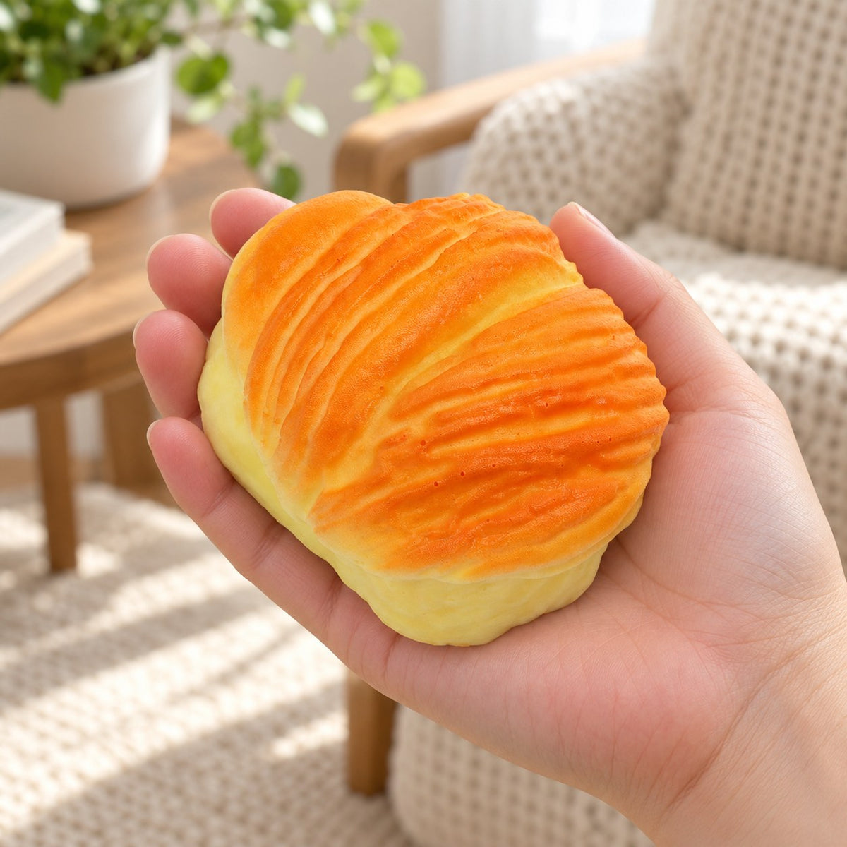 Pastry squishy slow rising, held in a hand to show the real size