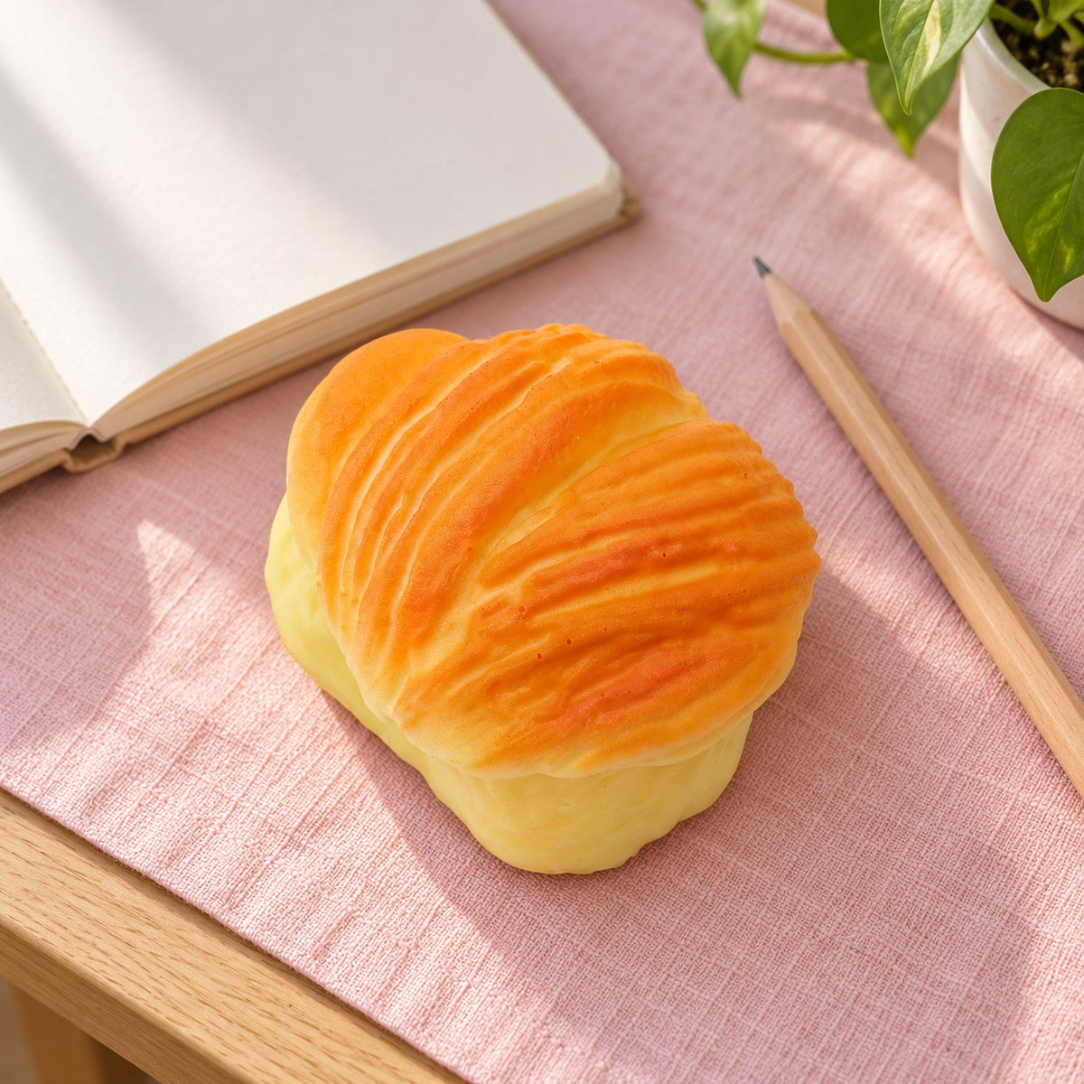 Flaky pastry squishy, on a desk with a notebook and pencil