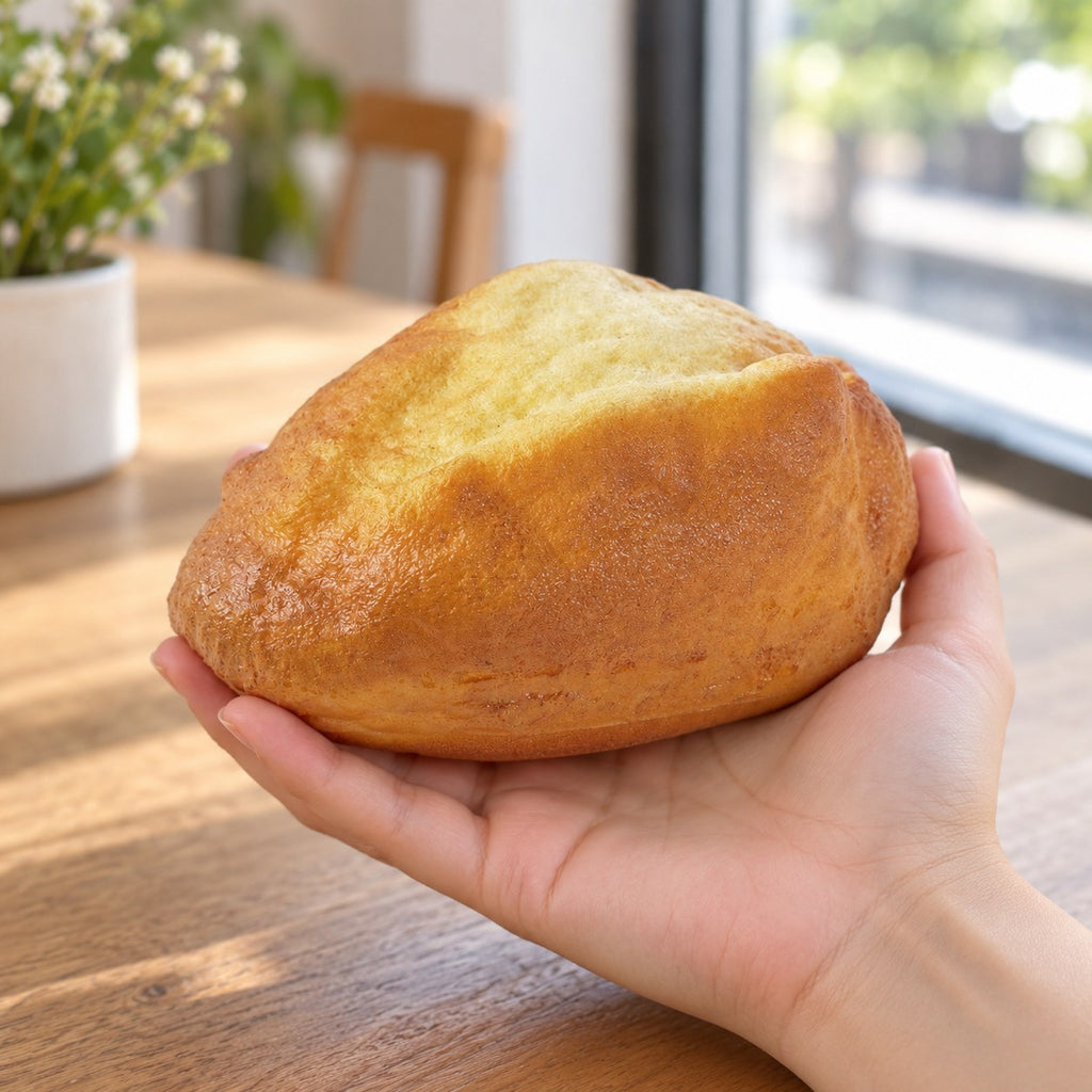 Country Bread Squishy, Golden Loaf 16 cm, held in a hand to show the real size