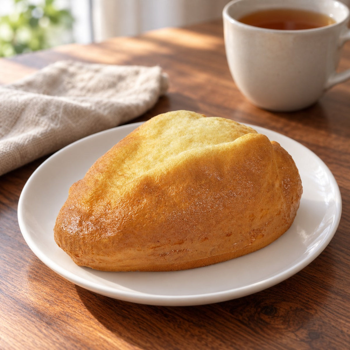 Country Bread Squishy, Golden Loaf 16 cm, on a plate on a breakfast table