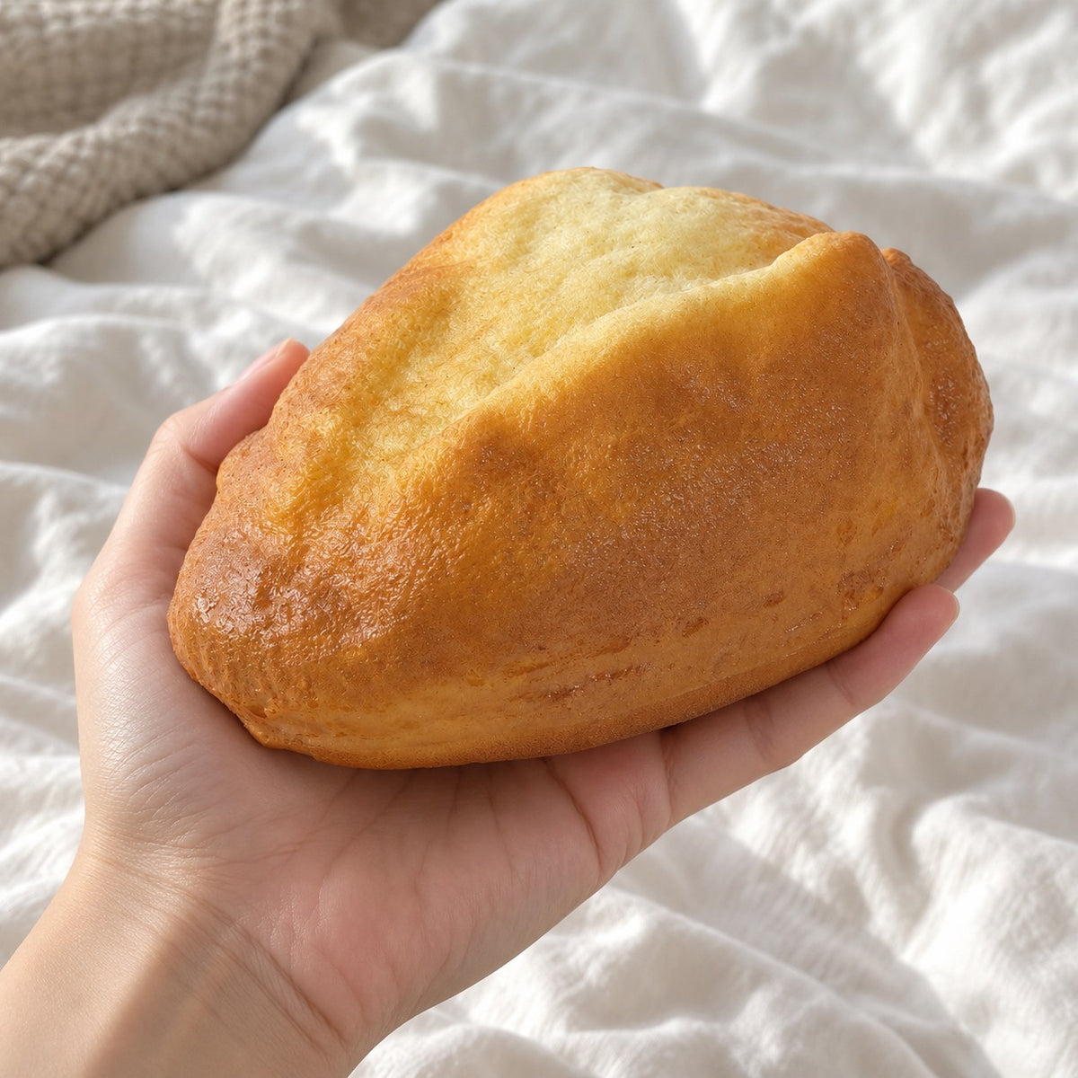 Country bread squishy slow rising, held toward the camera, first-person view