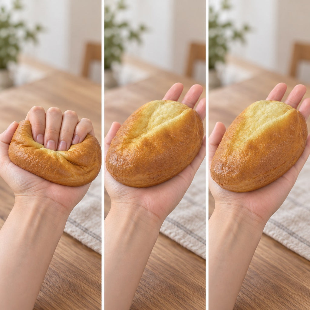 Country bread squishy slow rising, squished flat, half risen and fully back in shape