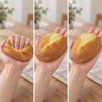 Country bread squishy slow rising, squished flat, half risen and fully back in shape