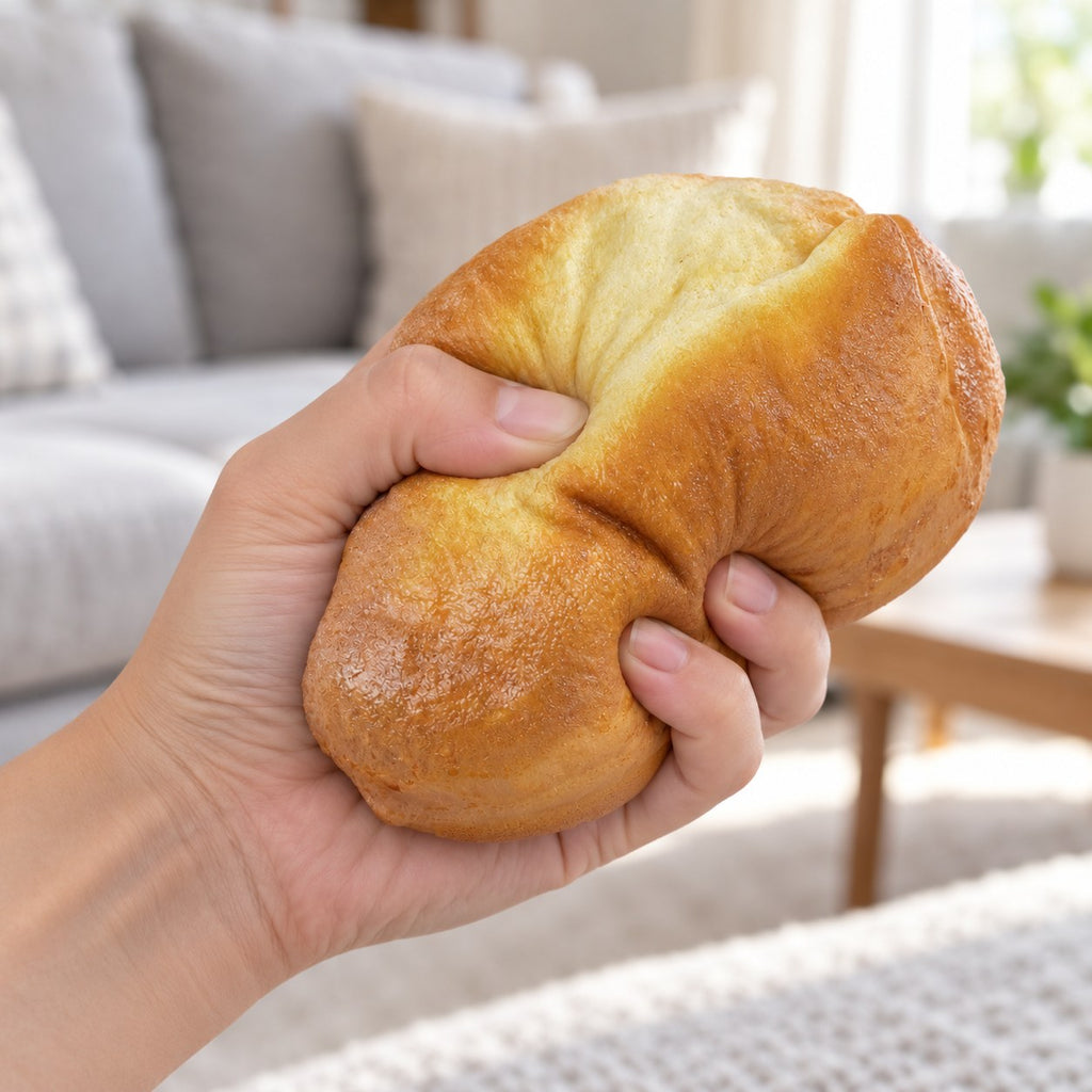 Country Bread Squishy, Golden Loaf 16 cm, being squeezed by hand, soft and squishy