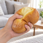 Country Bread Squishy, Golden Loaf 16 cm, being squeezed by hand, soft and squishy