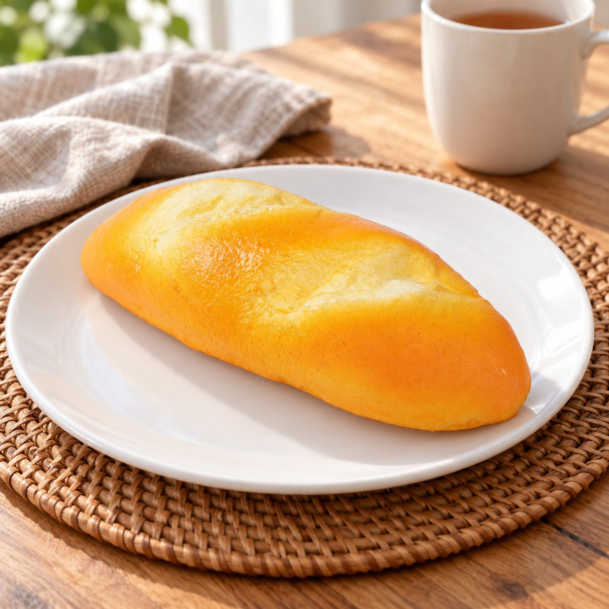 Dinner roll squishy slow rising, on a plate on a breakfast table