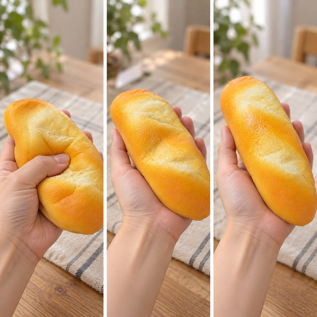 Dinner roll squishy, squished flat, half risen and fully back in shape