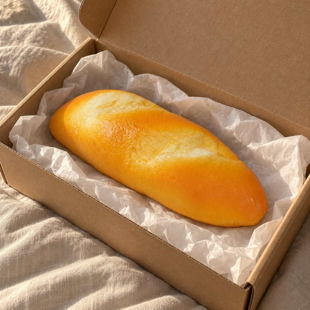 Dinner roll squishy, unboxed from a parcel with tissue paper