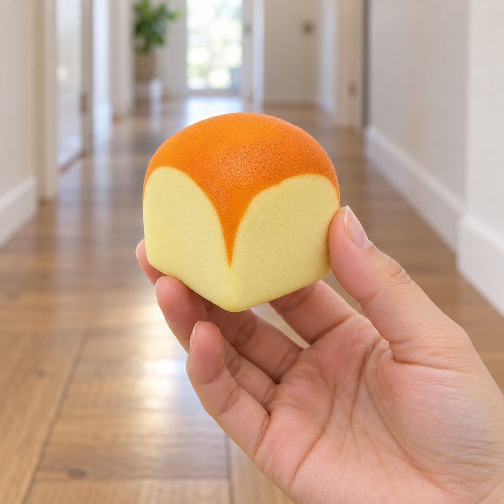 Toast squishy mini slow rising (4.8 cm), held in a hand to show the real size