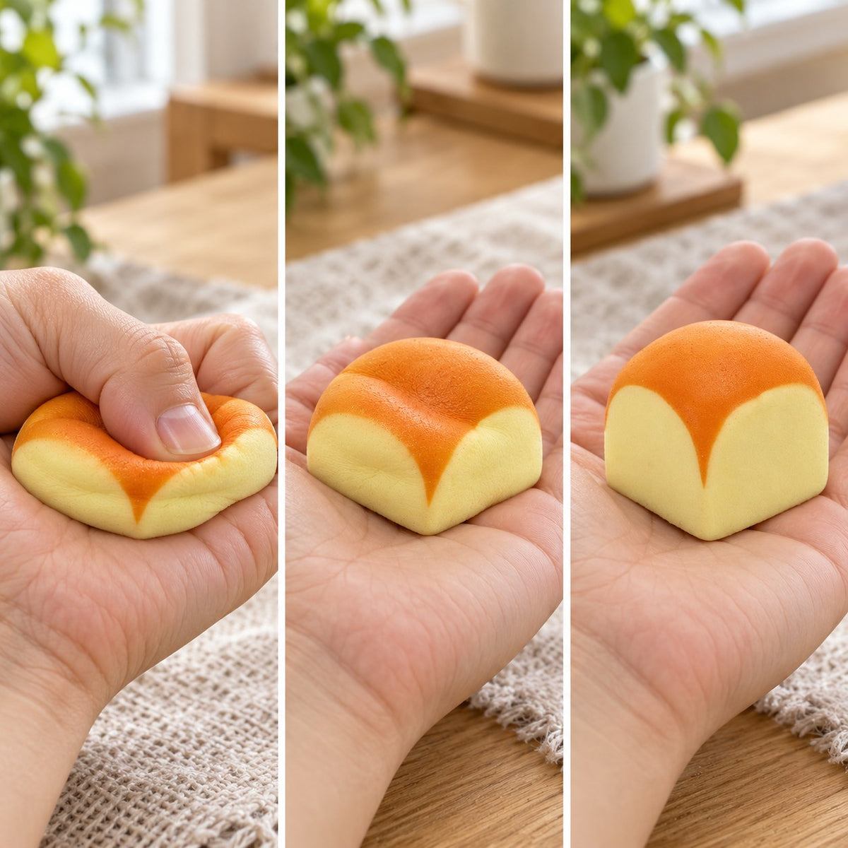 Toast squishy mini slow rising (4.8 cm), squished flat, half risen and fully back in shape