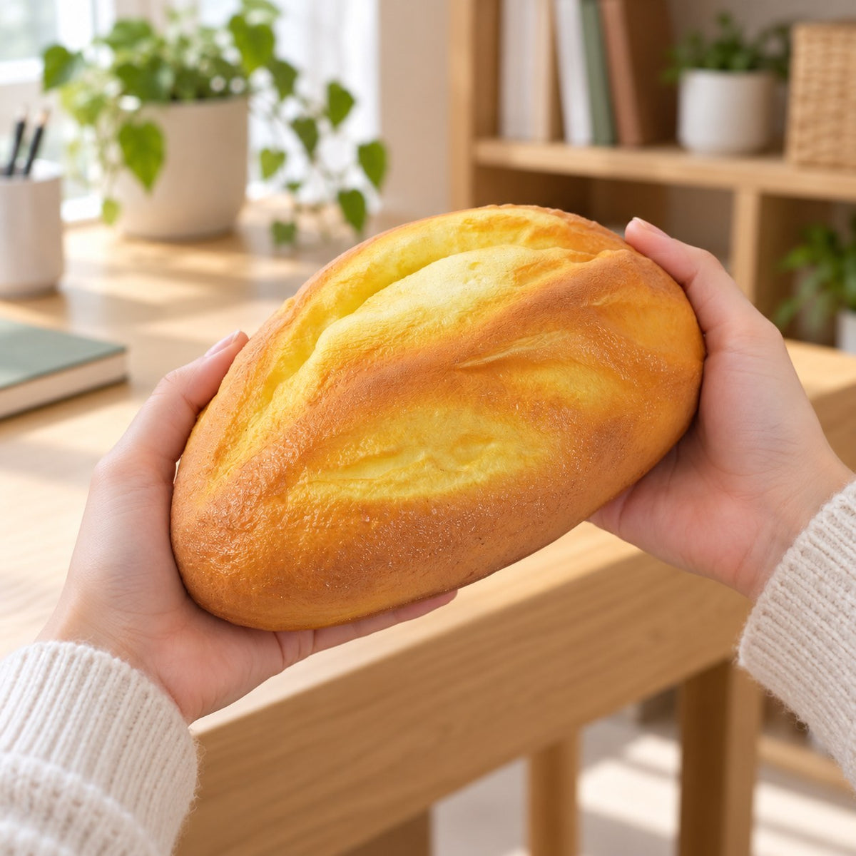 Oat Bread Squishy, Rustic Loaf 18 cm, held in both hands to show the big size