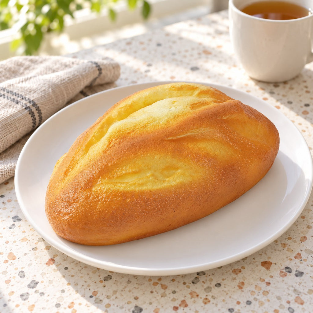 Oat Bread Squishy, Rustic Loaf 18 cm, on a plate on a breakfast table