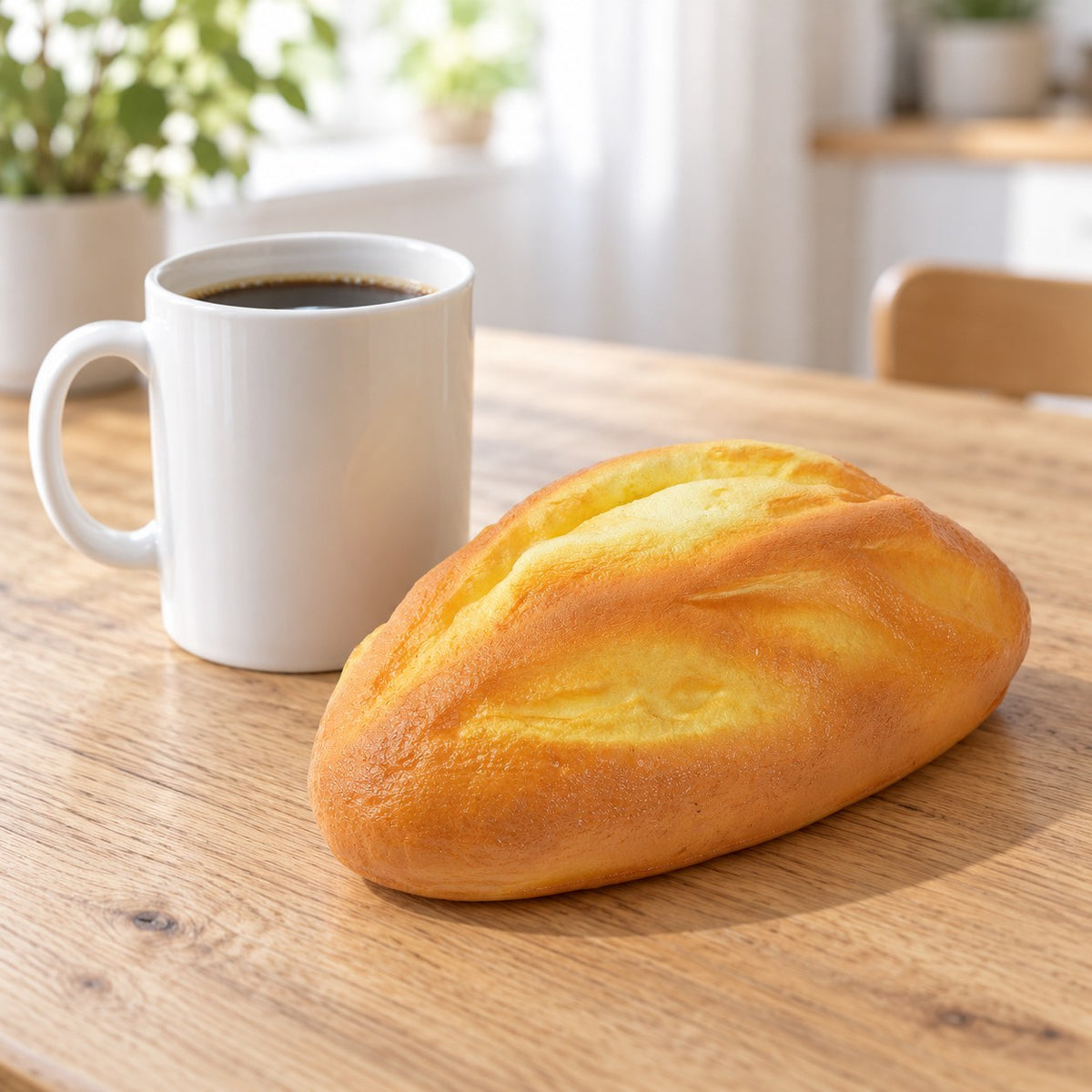 Bread loaf squishy slow rising, next to a coffee mug for size comparison