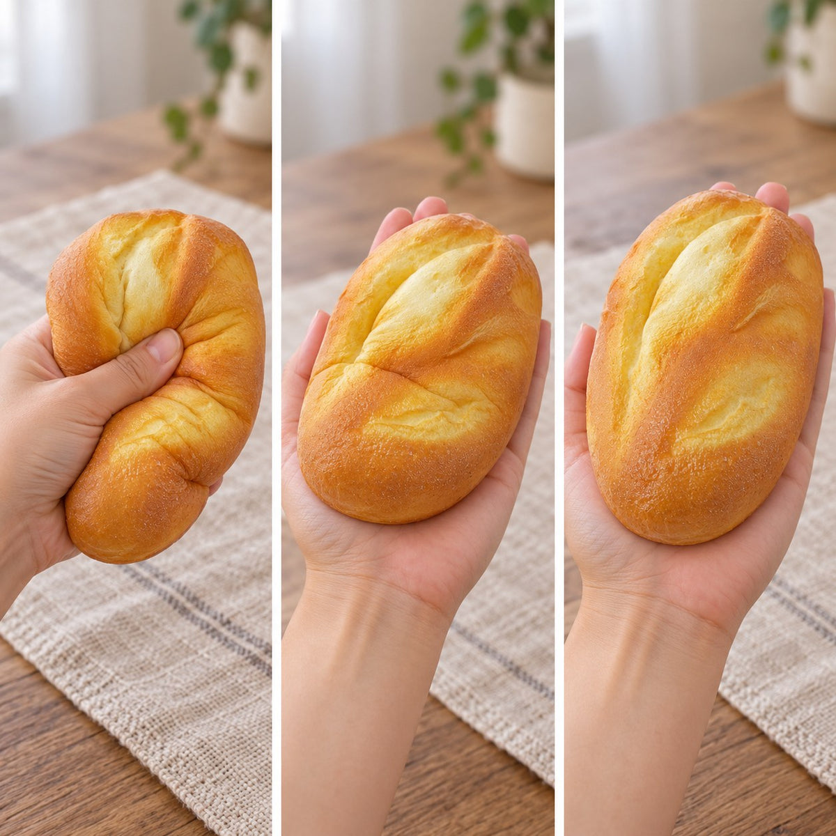 Oat bread squishy, squished flat, half risen and fully back in shape
