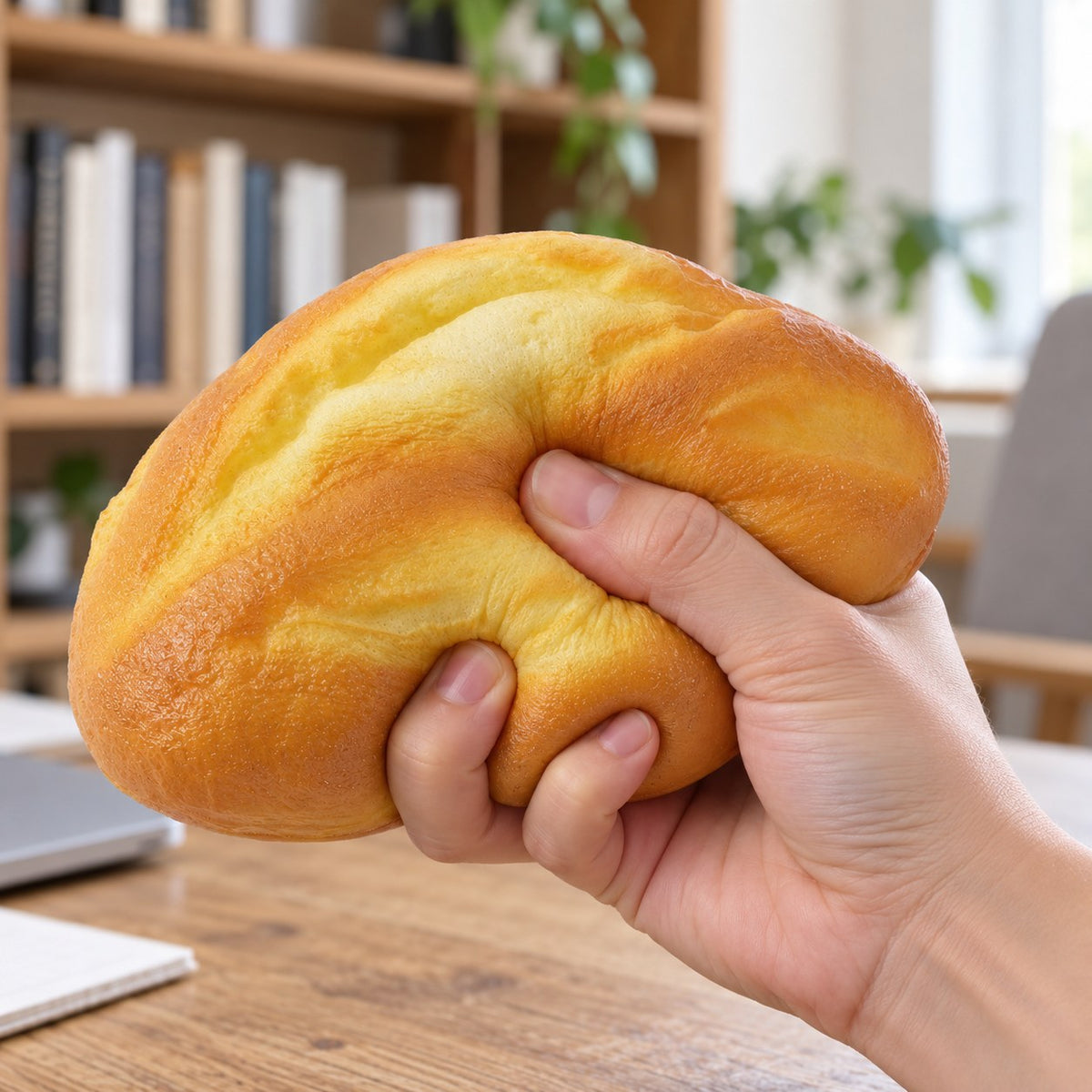 Oat Bread Squishy, Rustic Loaf 18 cm, being squeezed by hand, soft and squishy