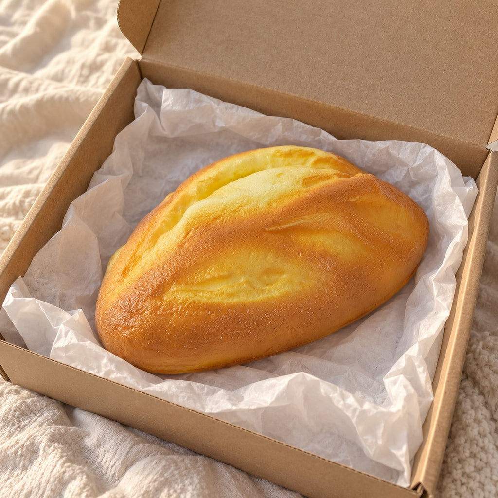 Bread loaf squishy soft, unboxed from a parcel with tissue paper