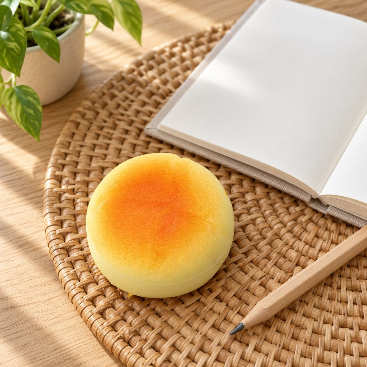 Bun squishy, on a desk with a notebook and pencil