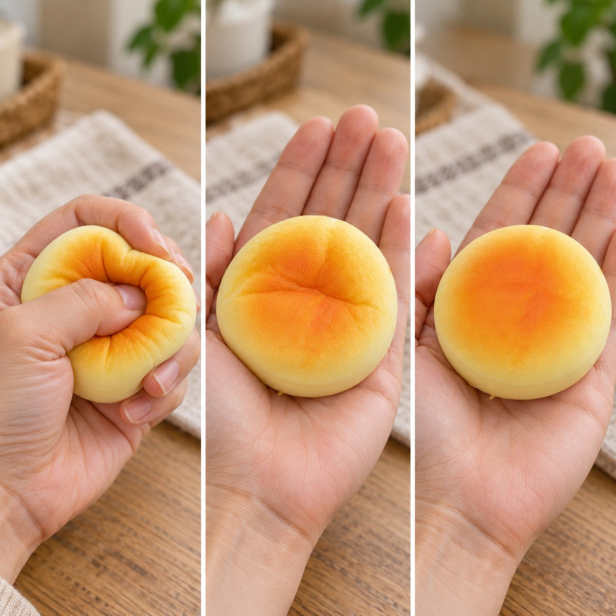 Bun squishy mini, squished flat, half risen and fully back in shape
