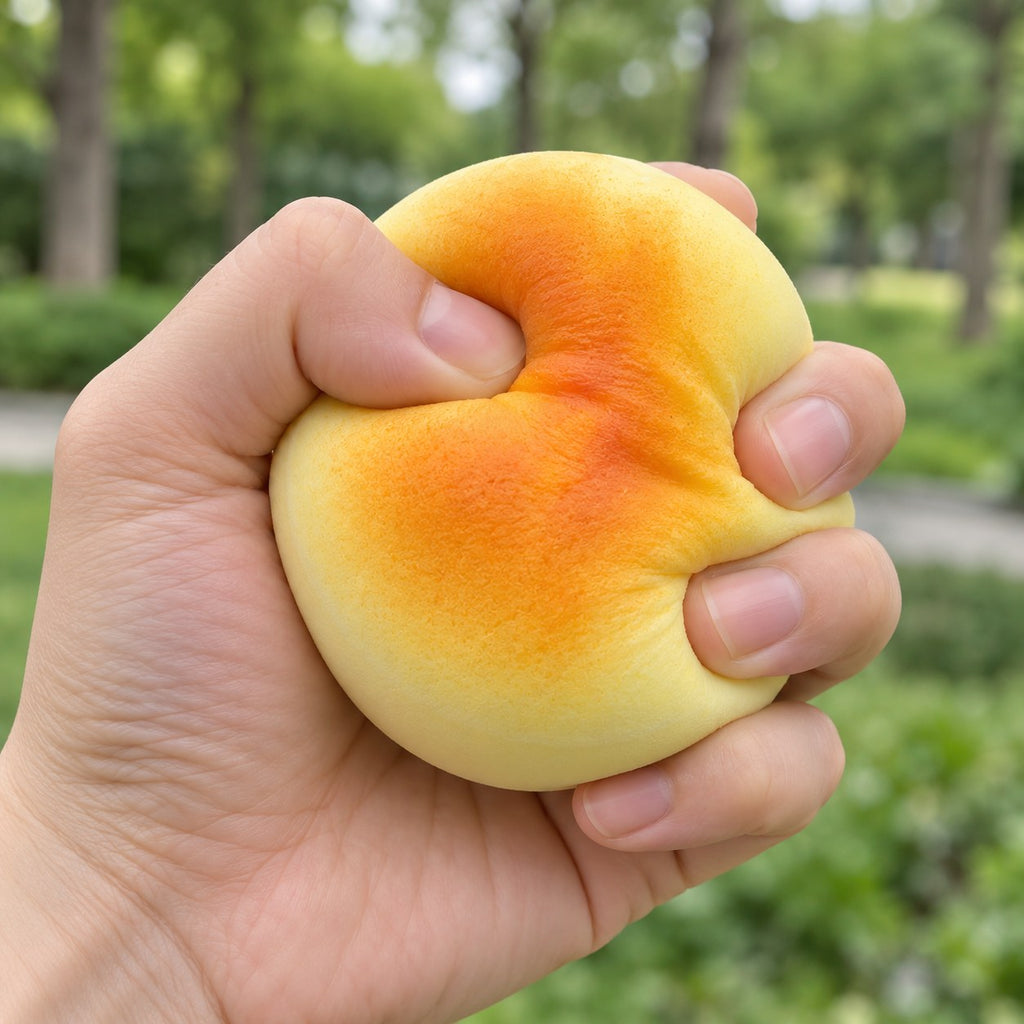 Round Bun Squishy, Small Bread Roll 6 cm, being squeezed by hand, soft and squishy