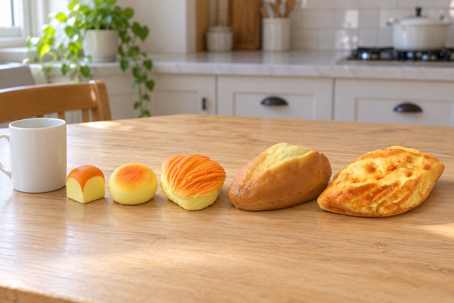 Five bread squishies sorted by size next to a white coffee mug, from toast cube to long flatbread