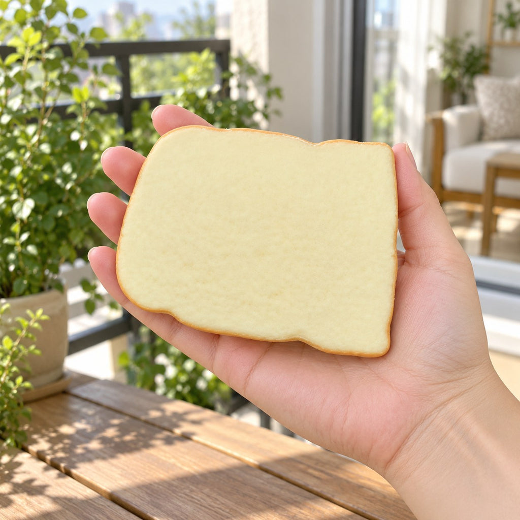 Toast Slice Squishy, Soft Bread, held in a hand to show the real size