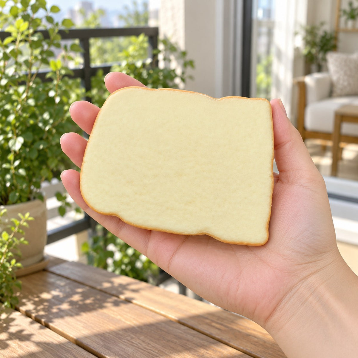 Toast Slice Squishy, Soft Bread, held in a hand to show the real size