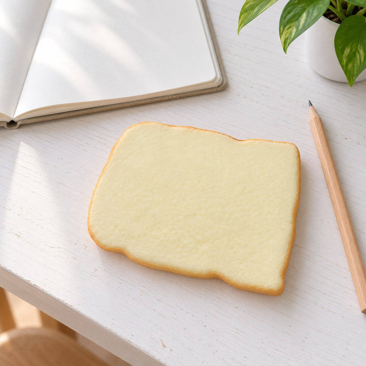 Toast squishy soft, on a desk with a notebook and pencil