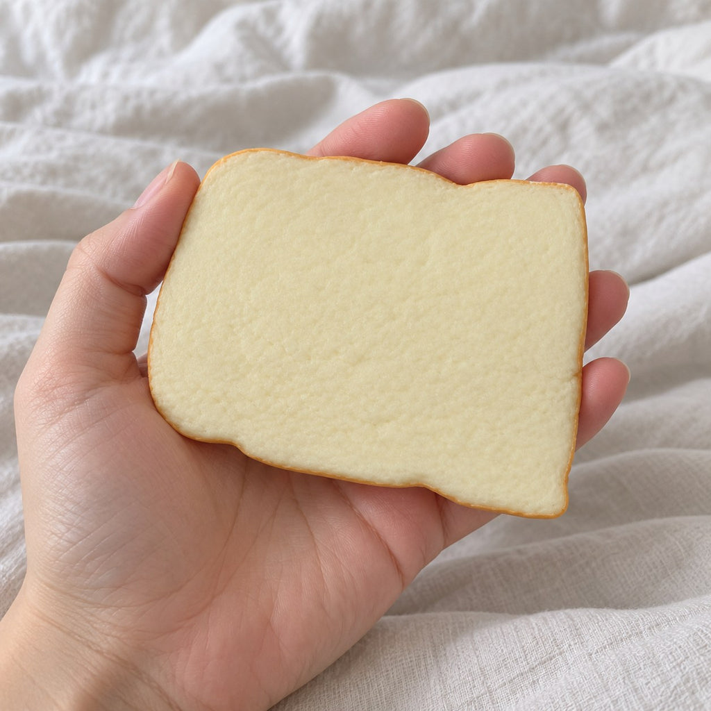 Toast squishy soft, held toward the camera, first-person view