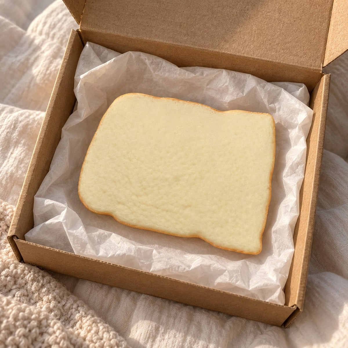 Toast squishy slow rising, unboxed from a parcel with tissue paper
