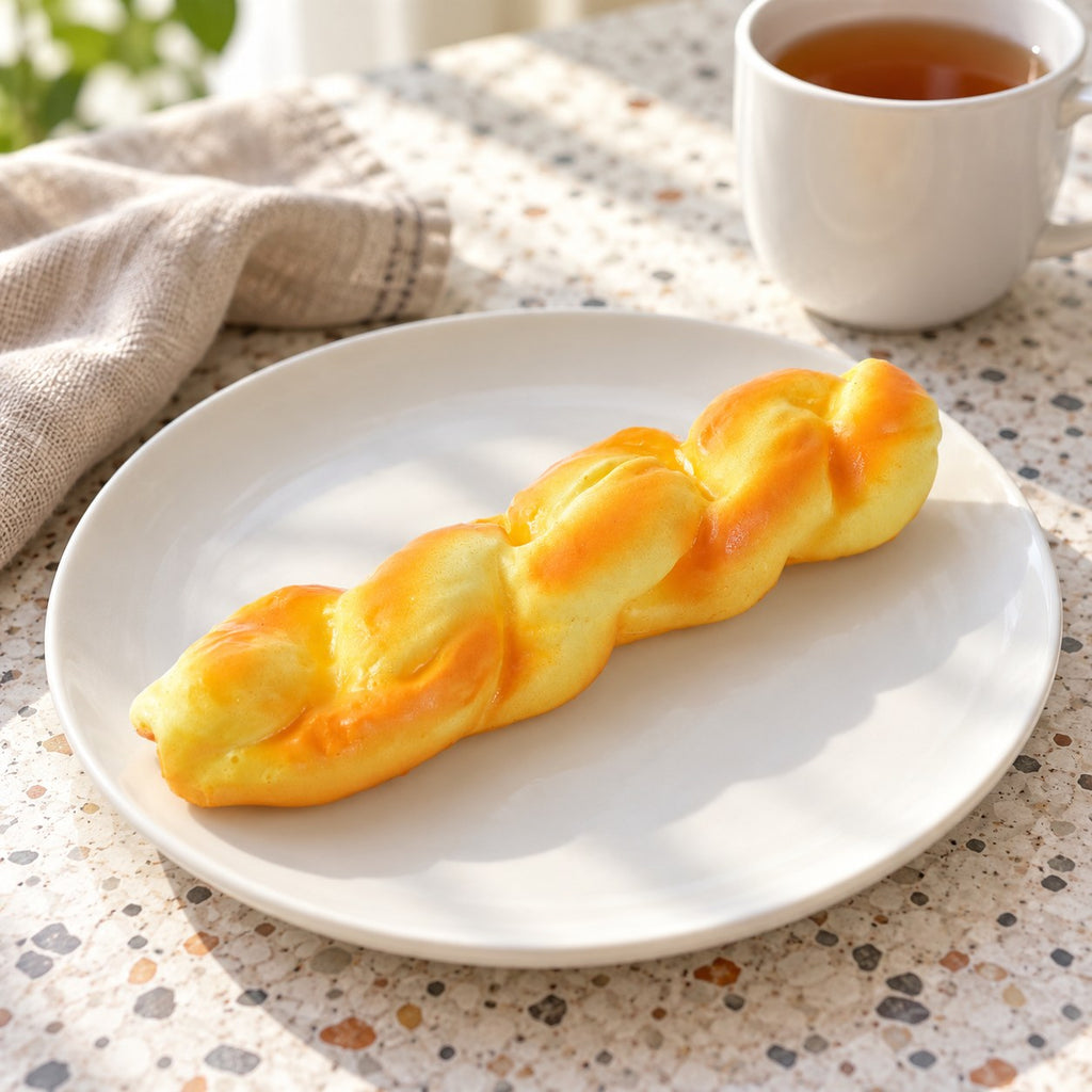 Twisted Bread Squishy, 20 cm Stick, on a plate on a breakfast table