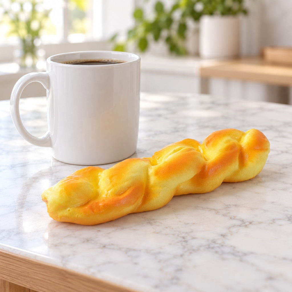Bread stick squishy slow rising, next to a coffee mug for size comparison