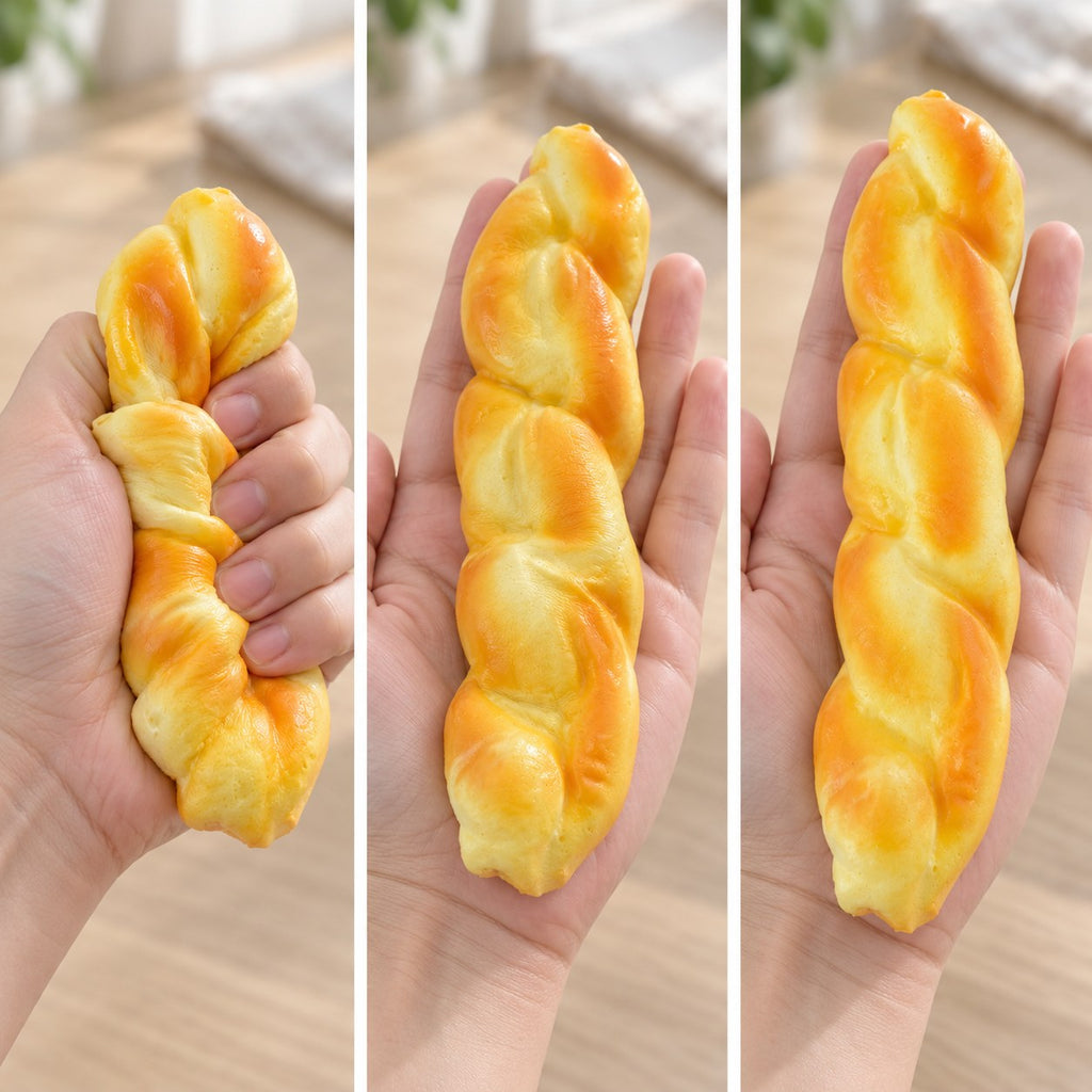 Bread stick squishy, squished flat, half risen and fully back in shape